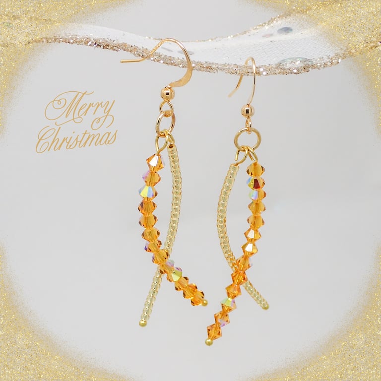Gold Beaded Dangle Earrings with Sparkly Crystals.