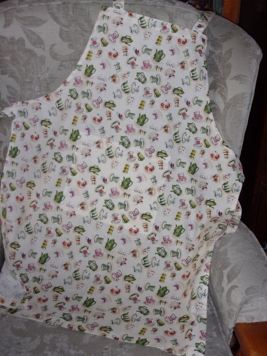 Adult Apron with Coffee Pots, Cups and Saucers on a Cream background