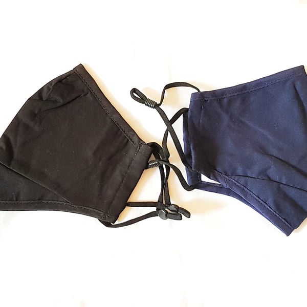 Pack of 2 Blue & Black Cotton Face Mask,Nose Wire , Filter Pocket, Washable Mask