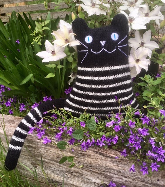Black and White mohair knitted cat ornament Cat decorative cushion Gift for him