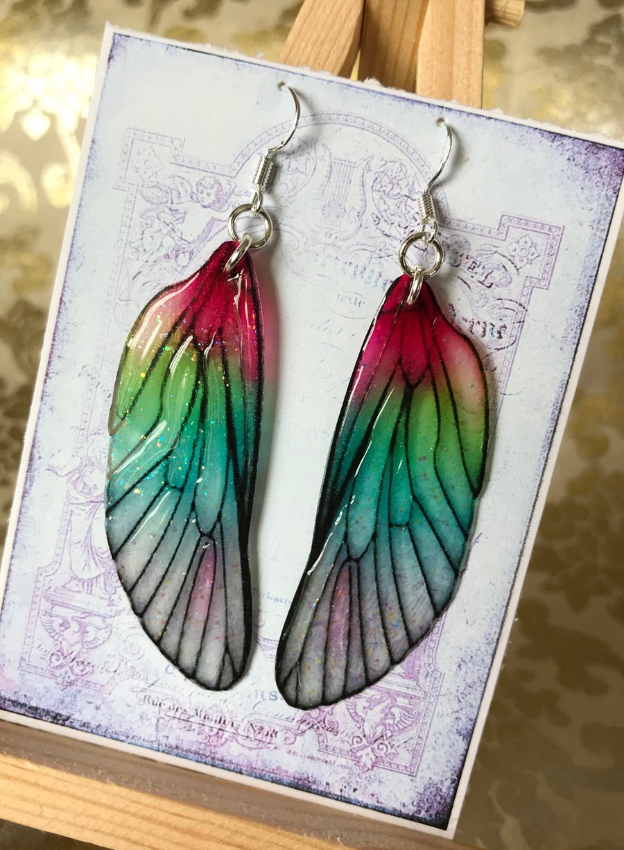 Pink and Green Shimmering Fairy Wing Sterling Silver Earrings
