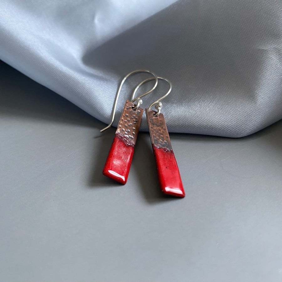 Red Copper and Enamel Rectangle Bar Earrings with Hammered detail
