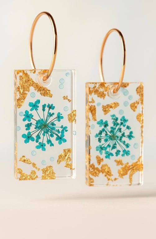 Aqua Wildflower Resin Rectangle Hoop Earrings with Gold Leaf