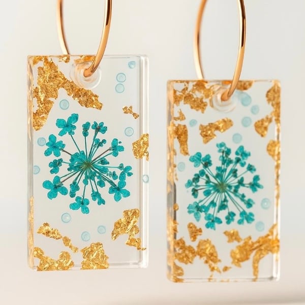 Aqua Wildflower Resin Rectangle Hoop Earrings with Gold Leaf