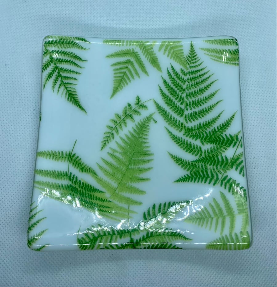 Fused glass dish in white with green ferns