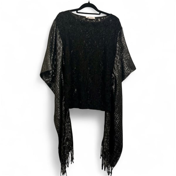 Upcycled Black Lace Boho Top with Silver Scarf Sleeves  One of a Kind