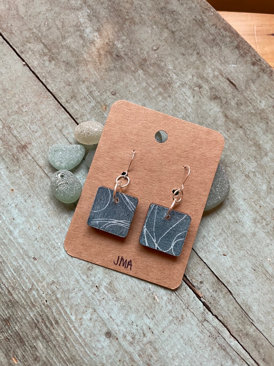 Square wooden nature print drop earrings handmade