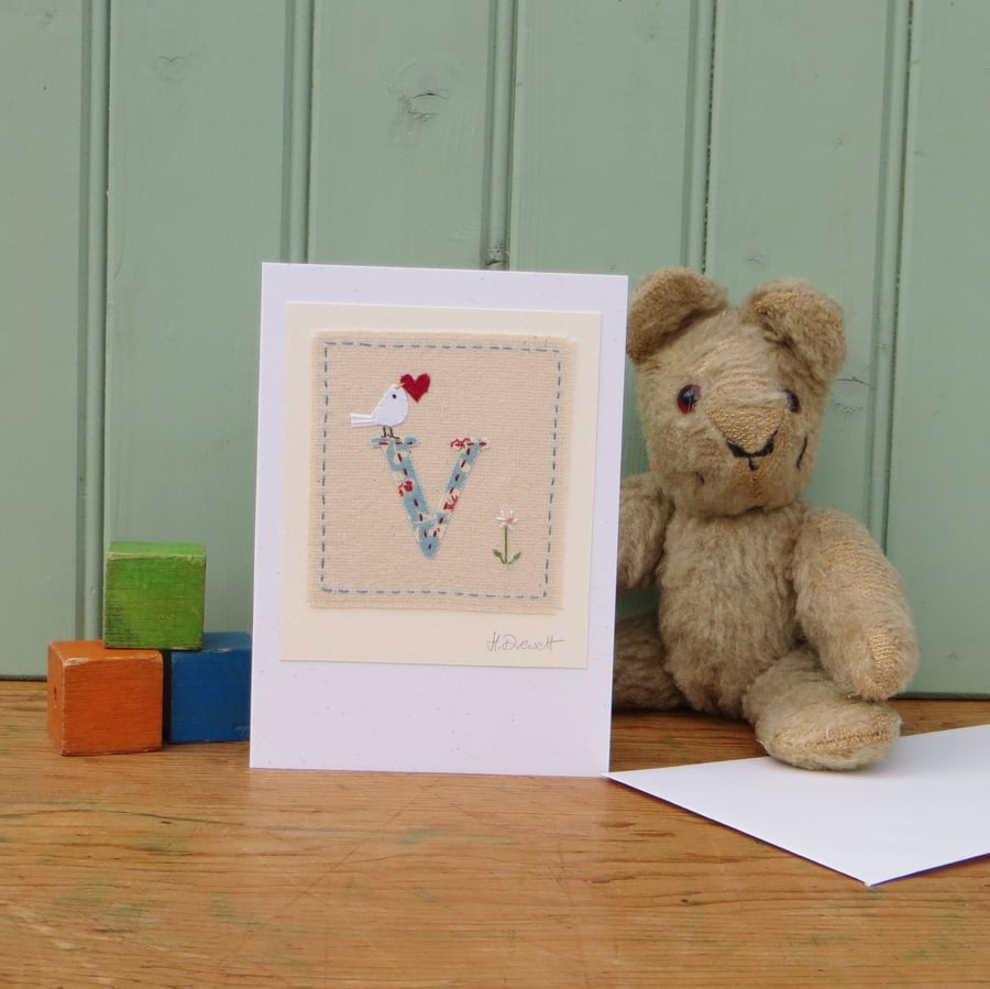 Sweet little letter V card, hand stitched new baby, Christening, 1st birthday ..