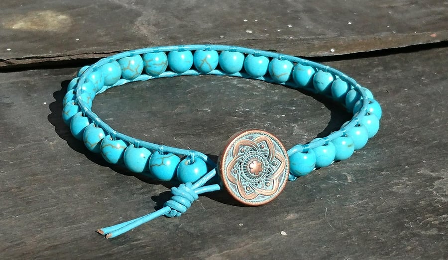 Turquoise bead and leather bracelet, gemstone for December