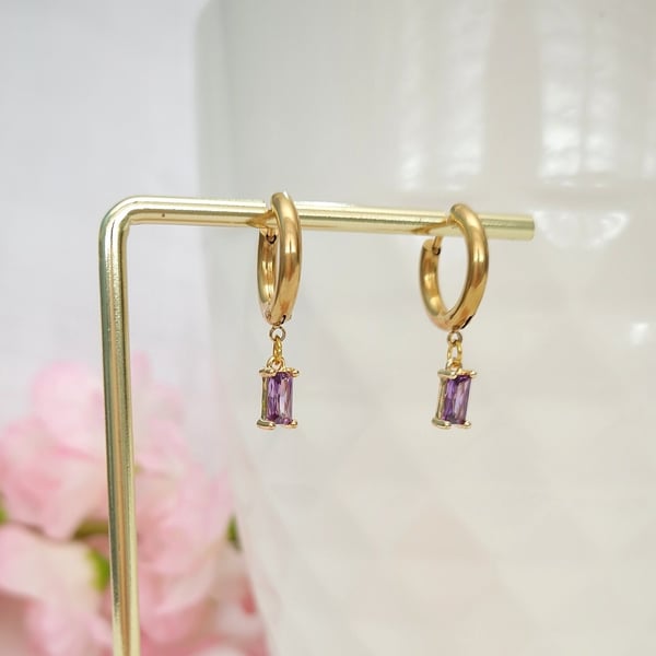 Dainty Gold Huggie Hoop Earrings with Purple Baguette Charm, minimalist earrings