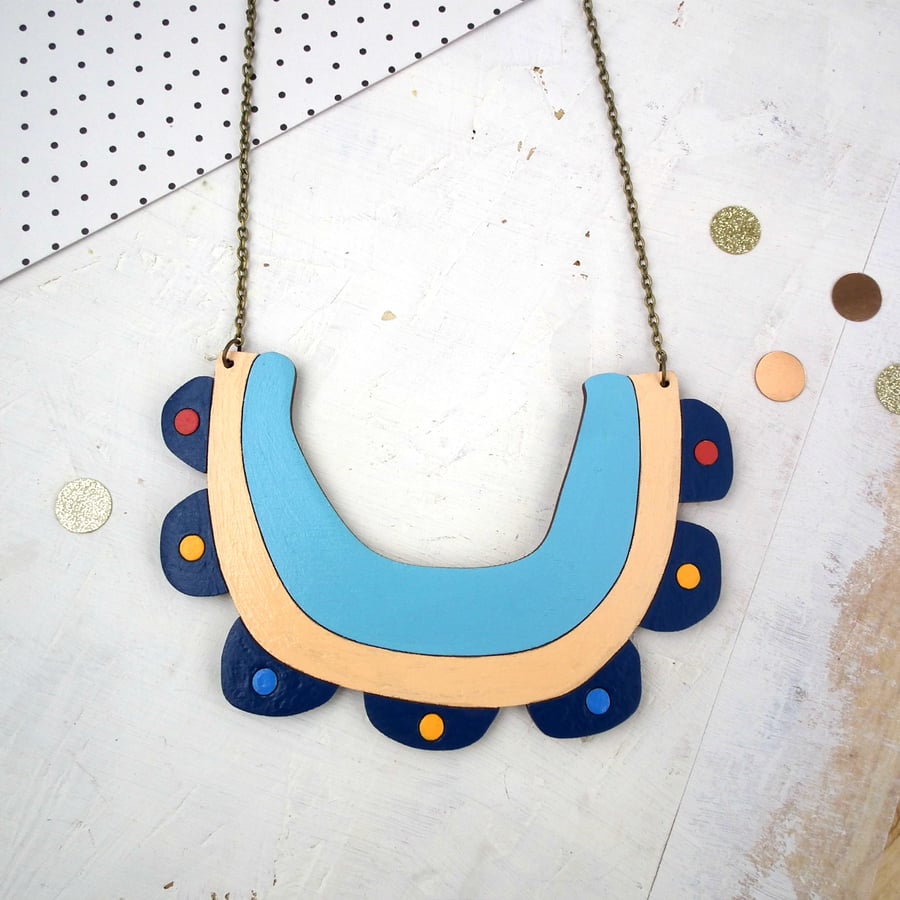 Flower Bib Collar Statement Wooden Necklace