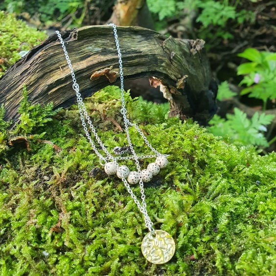 Bodhi seed bead silver layered necklace with gold pendant 
