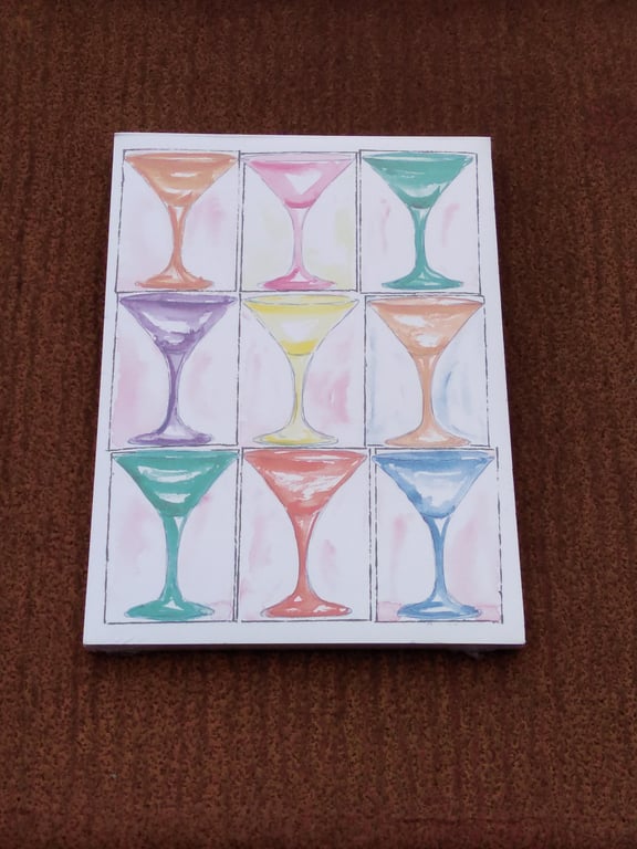 Notepad magnetic back. Cocktail glasses printed on front from original painting