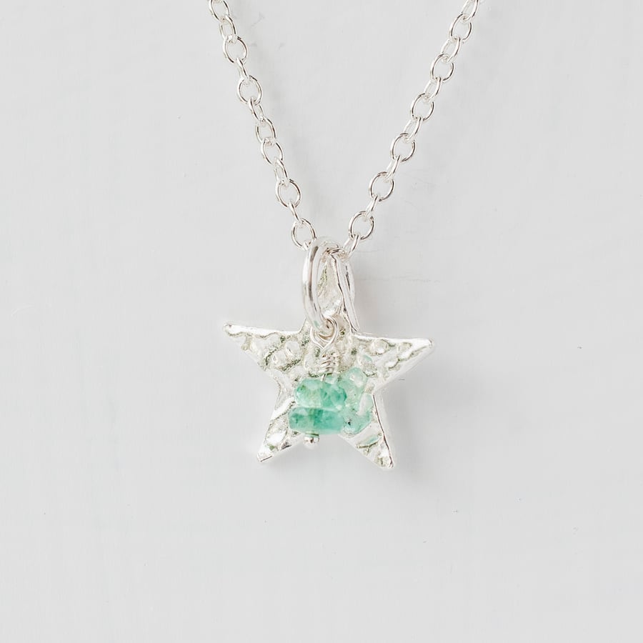 Emerald with Fine Silver Star Pendant Necklace