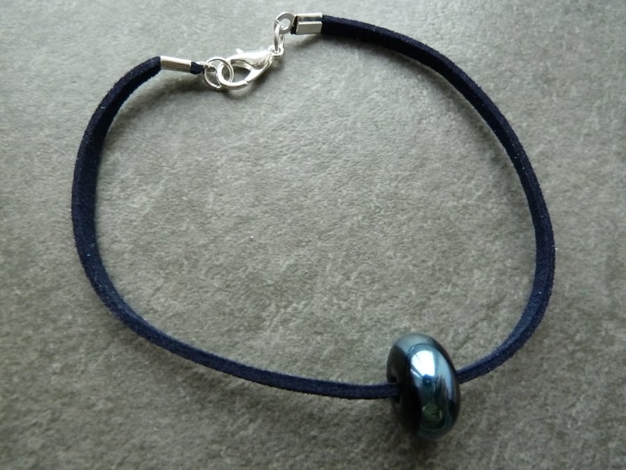 faux suede bracelet, blue and silver glass bead