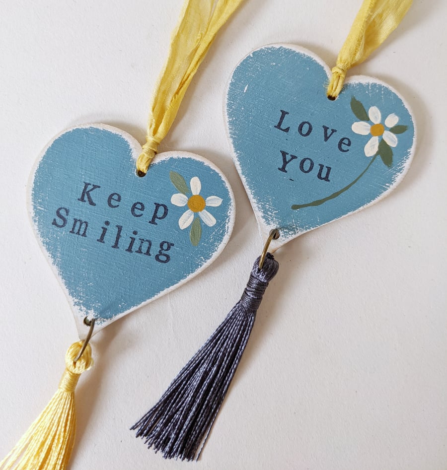 Hand Painted Wooden Heart Hanging Decoration Love You Blue