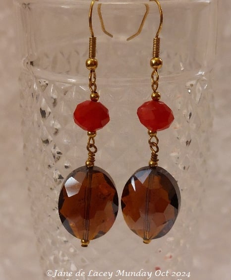 Red and Brown Glass Dangly Drop Earrings