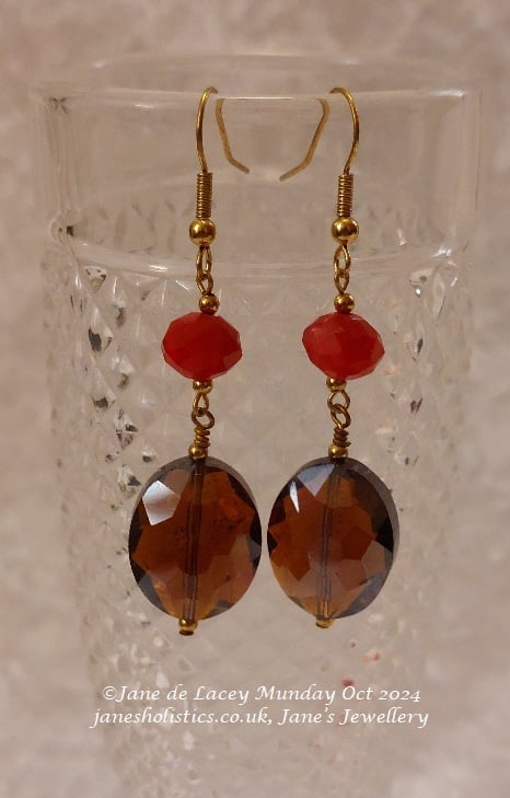 Red and Brown Glass Dangly Drop Earrings
