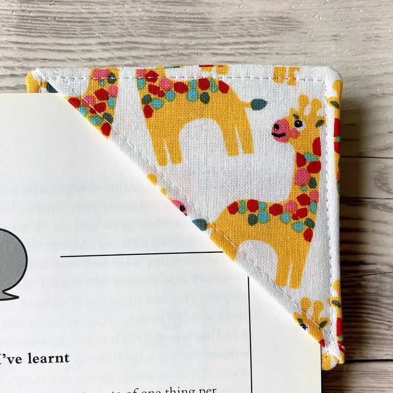 Corner bookmark. Cotton fabric. Giraffes.