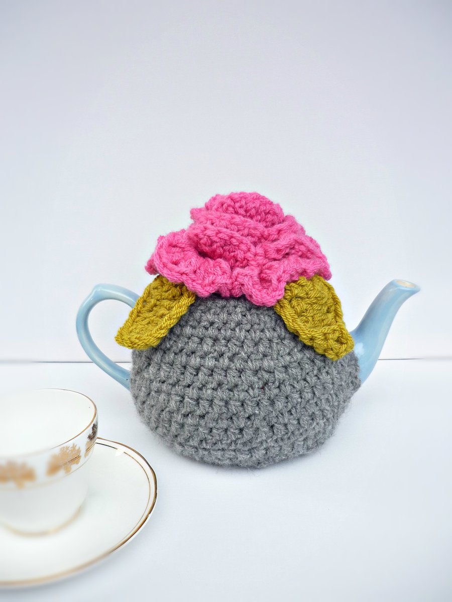Novelty Blooming Flower Crochet  Tea Cosie Pink and Grey Handmade Cosy 