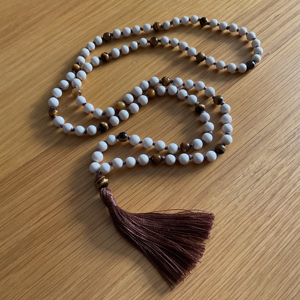  River stone Jasper and Tiger’s eye hand knotted long tassel necklace