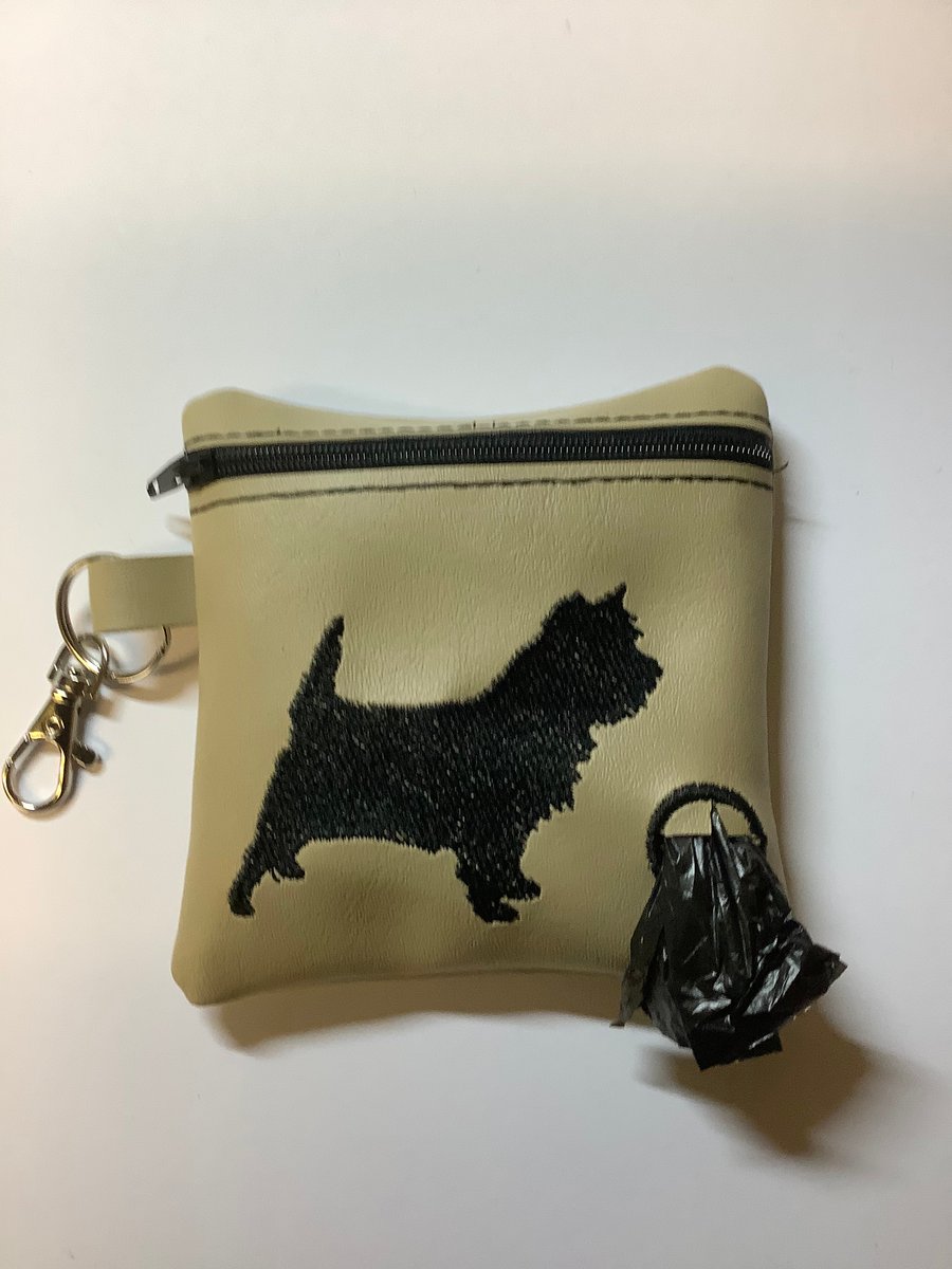 Attractive Cairn Terrier Embroidered Tan faux leather dog poo bag dispenser,