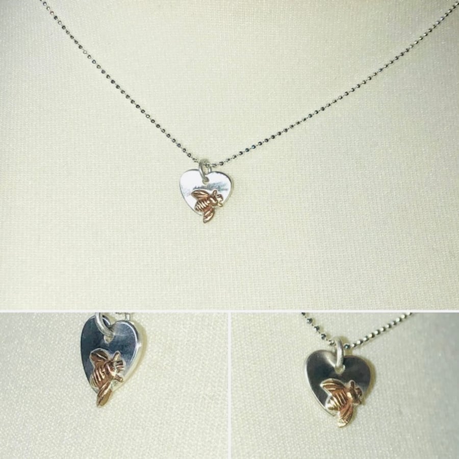 Dainty Solid Sterling Silver Heart & Gold Bee 16” chain diamond cut 