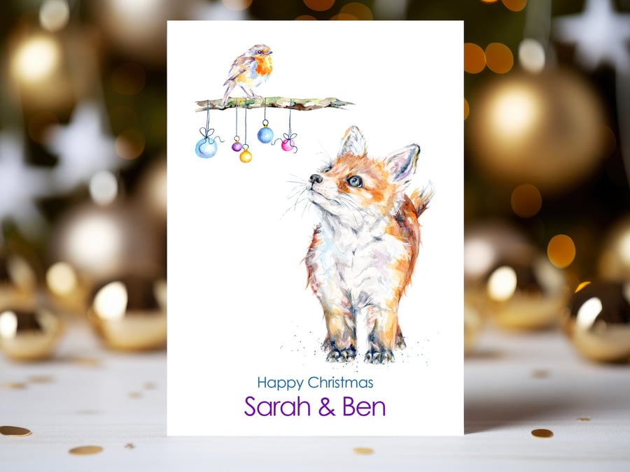 Personalised Fox and Robin Christmas Card, Watercolour Art, 2 Sizes