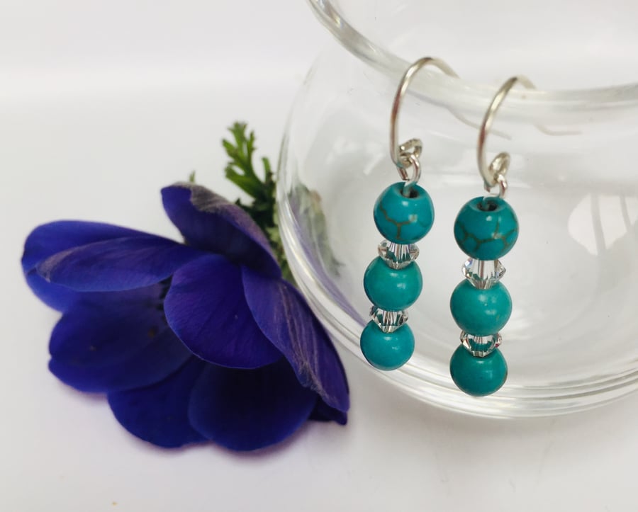 Sterling Silver Turquenite and Crystal Earrings