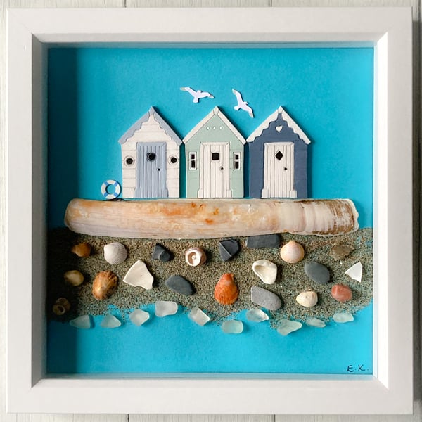 Beach Hut box framed art with beach finds from Cornwall 