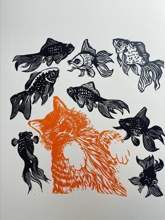 Sleeping cat and goldfish ‘Golden dreams’ limited edition 