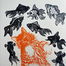 Sleeping cat and goldfish ‘Golden dreams’ limited edition 