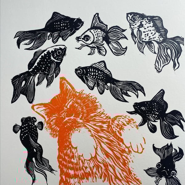 Sleeping cat and goldfish ‘Golden dreams’ limited edition 