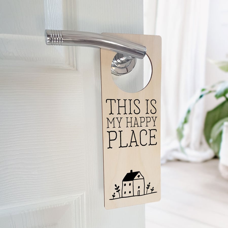 Personalised Wooden Door Hanger - Happy Place