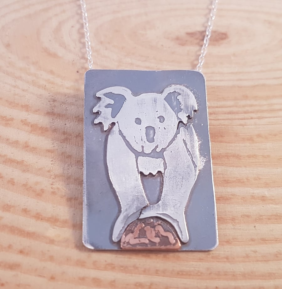 Sterling Silver and Copper Etched Koala Scene Necklace