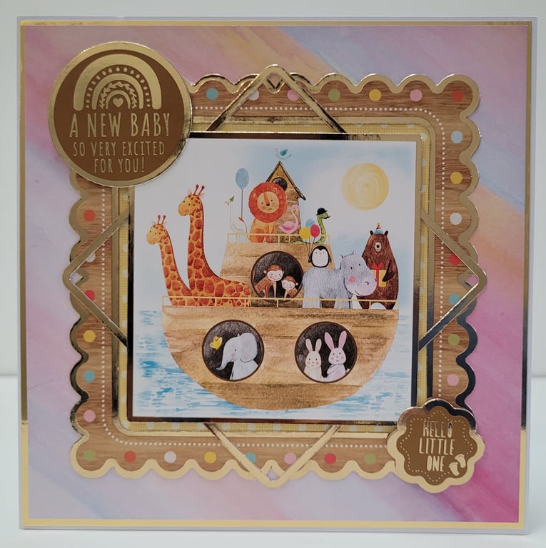 New Baby Card - Hello Little One - Cute Noah's Ark Baby Animals