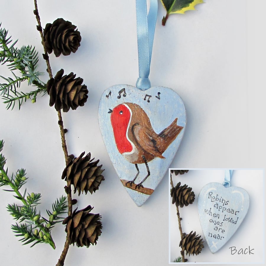 Robin Hanging Heart, Robins Appear wooden heart