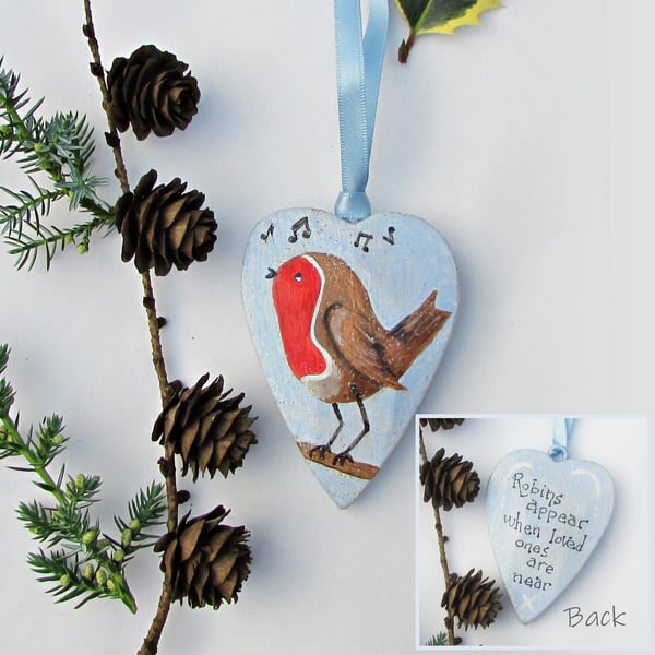 Robin Hanging Heart, Robins Appear wooden heart