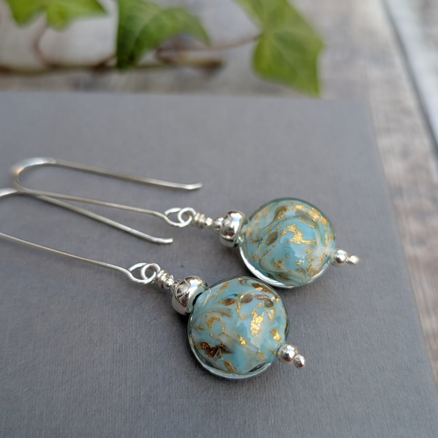 Sterling Silver Turquoise Marble Venetian Glass Long Earrings - JBJ1120