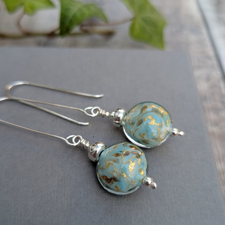 Sterling Silver Turquoise Marble Venetian Glass Long Earrings - JBJ1120