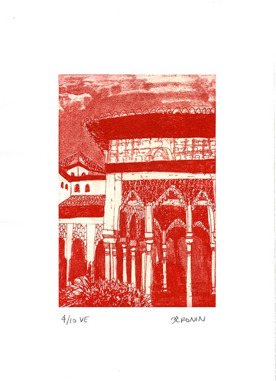 Alhambra Courtyard Etching Hand Pulled Original Print - Red