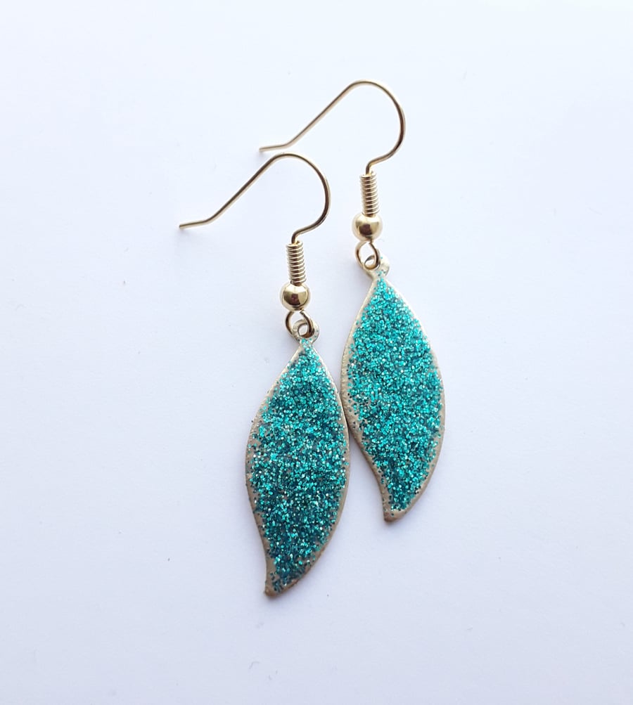 Glittery Turquoise Leaf Earrings 