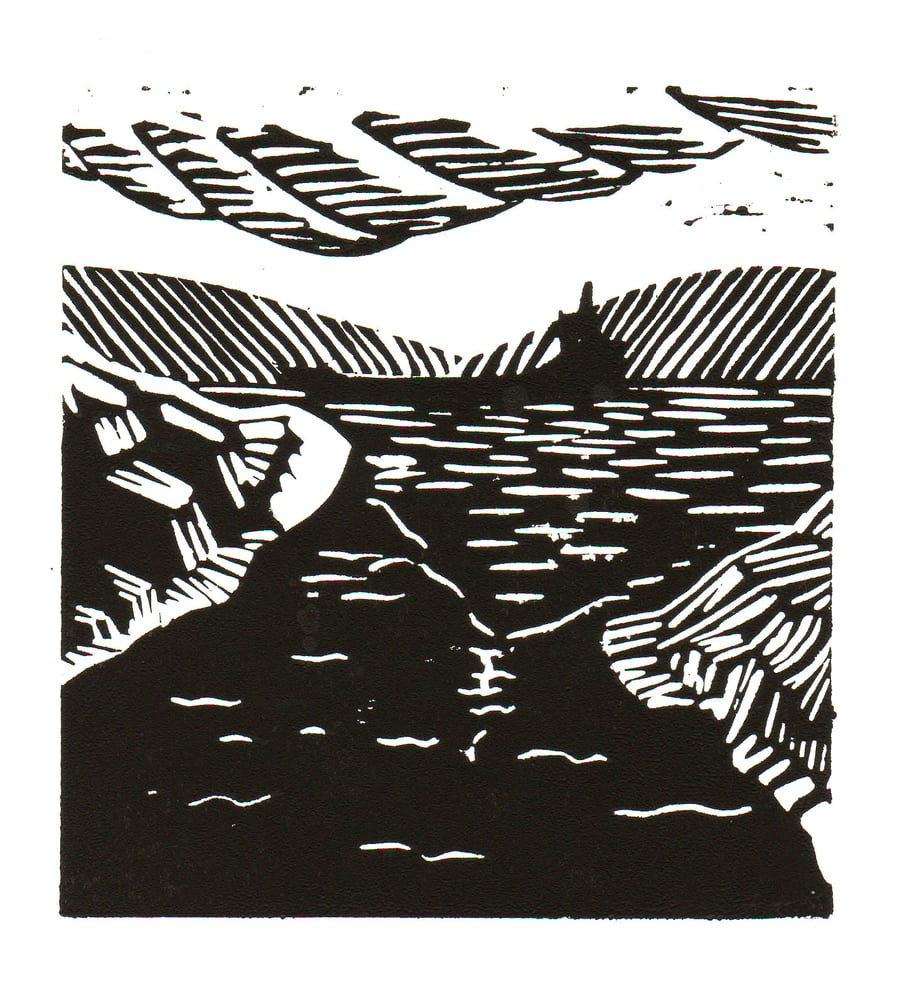 Original linocut Estuary Scene card (black)