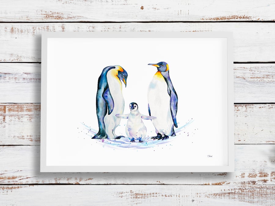 Emperor penguin family giclée print, high quality art print