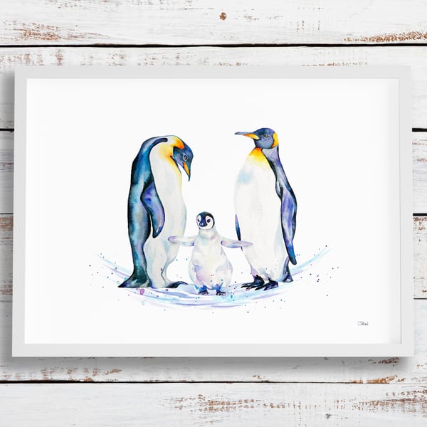 Emperor penguin family giclée print, high quality art print