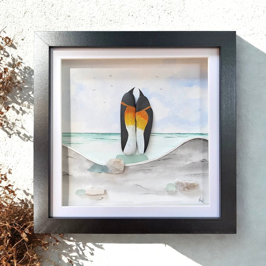 Quirky Pebble Penguin Art - Watercolour Sea Glass Coastal Home Decor