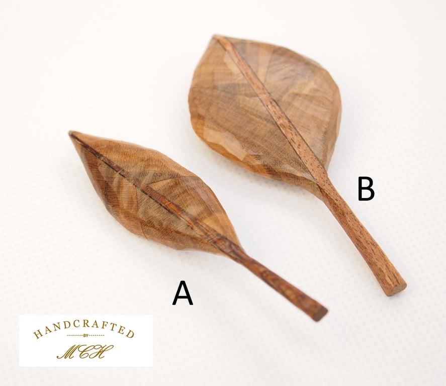 Handmade Leaf Brooch - Handcarved Upcycled Cherry and Sapele Wood Jewellery