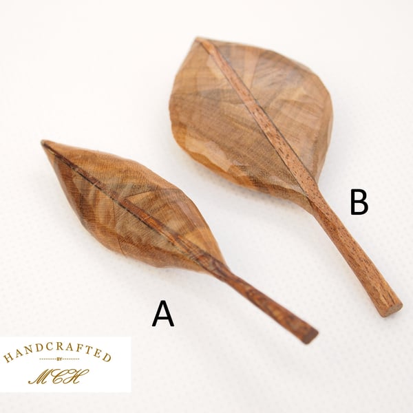 Handmade Leaf Brooch - Handcarved Upcycled Cherry and Sapele Wood Jewellery