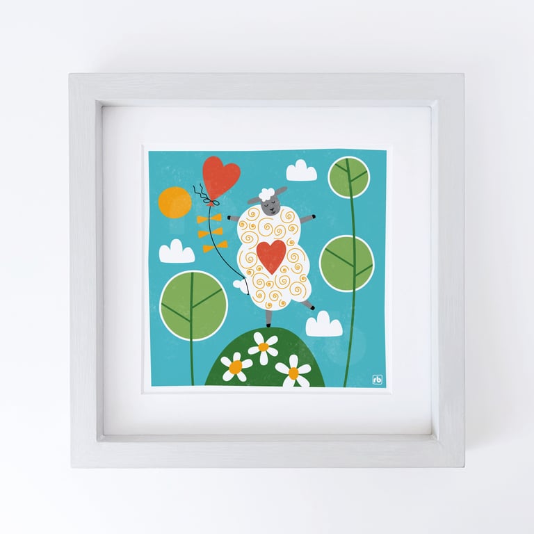I Love Ewe, sheep with heart balloon illustration, original Giclee print 