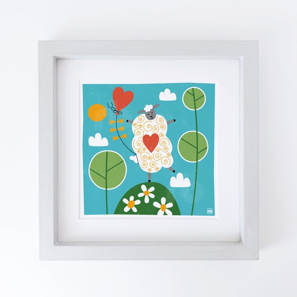 I Love Ewe, sheep with heart balloon illustration, original Giclee print 